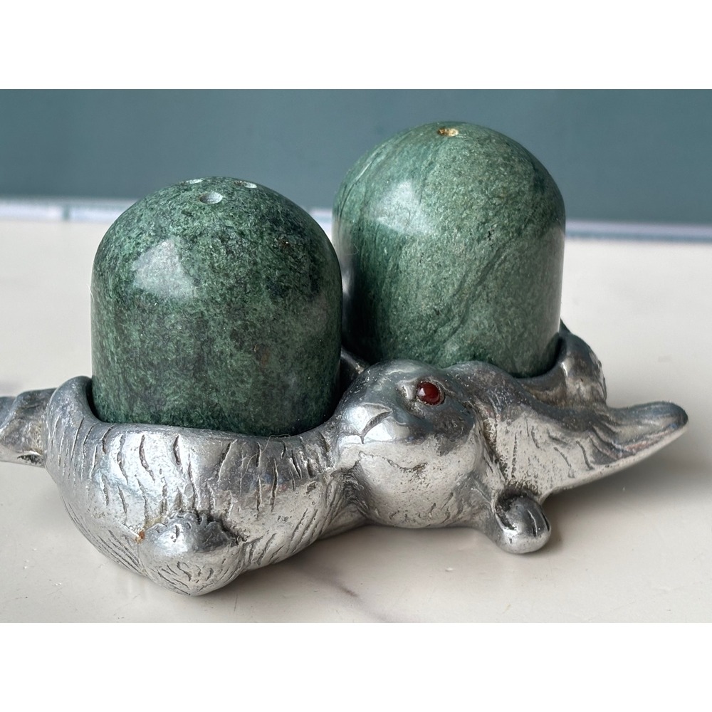 Arthur Court Rabbit Bunny Salt and Pepper Shakers Green Marble Aluminum 1993